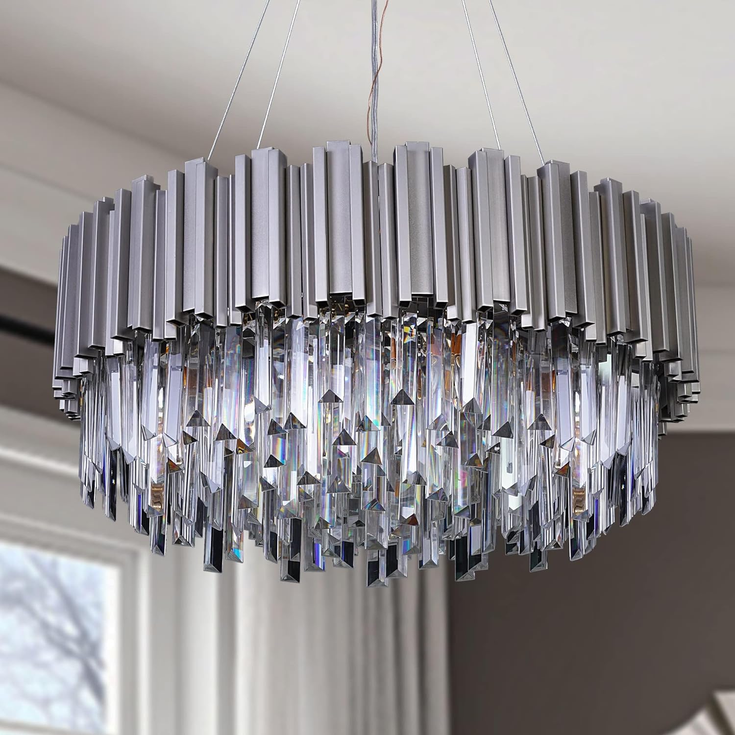 Nickel Luxury Modern Crystal Chandelier Contemporary Pendant Ceiling Lights W22/W28''