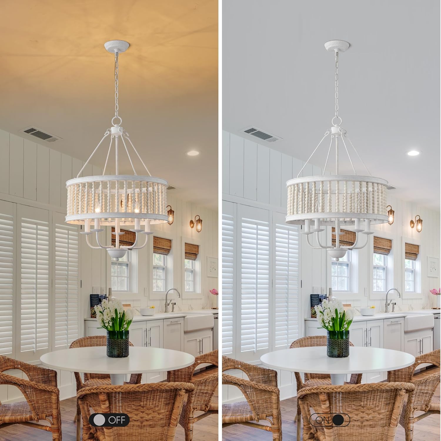 Wood Beaded Distressed Farmhouse Chandeliers 5-Light W19.7 Retro Antique White Pendant Lamp