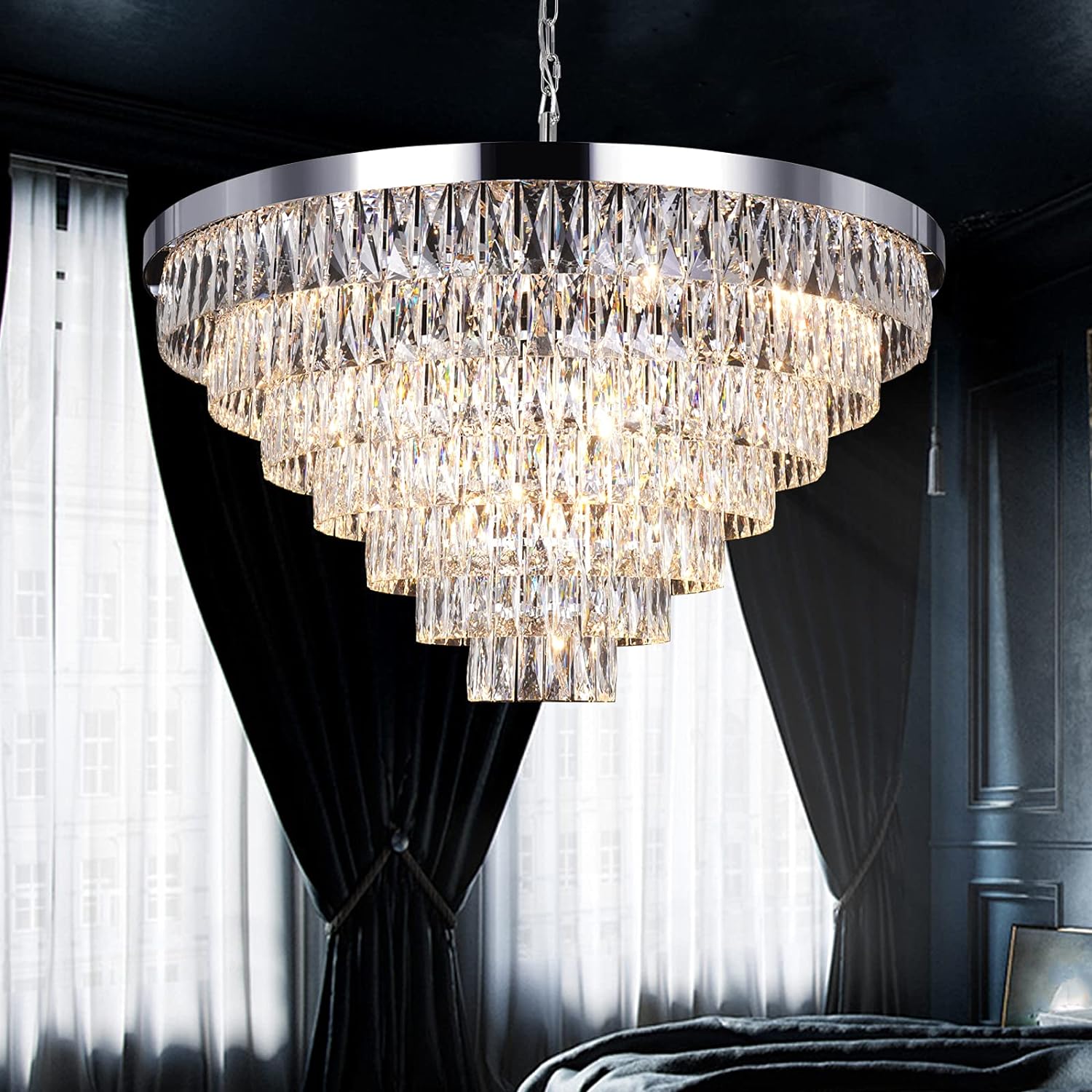 Modern Crystal Chandeliers Chrome Pendant Ceiling Light Fixture D39.37'' Chrome