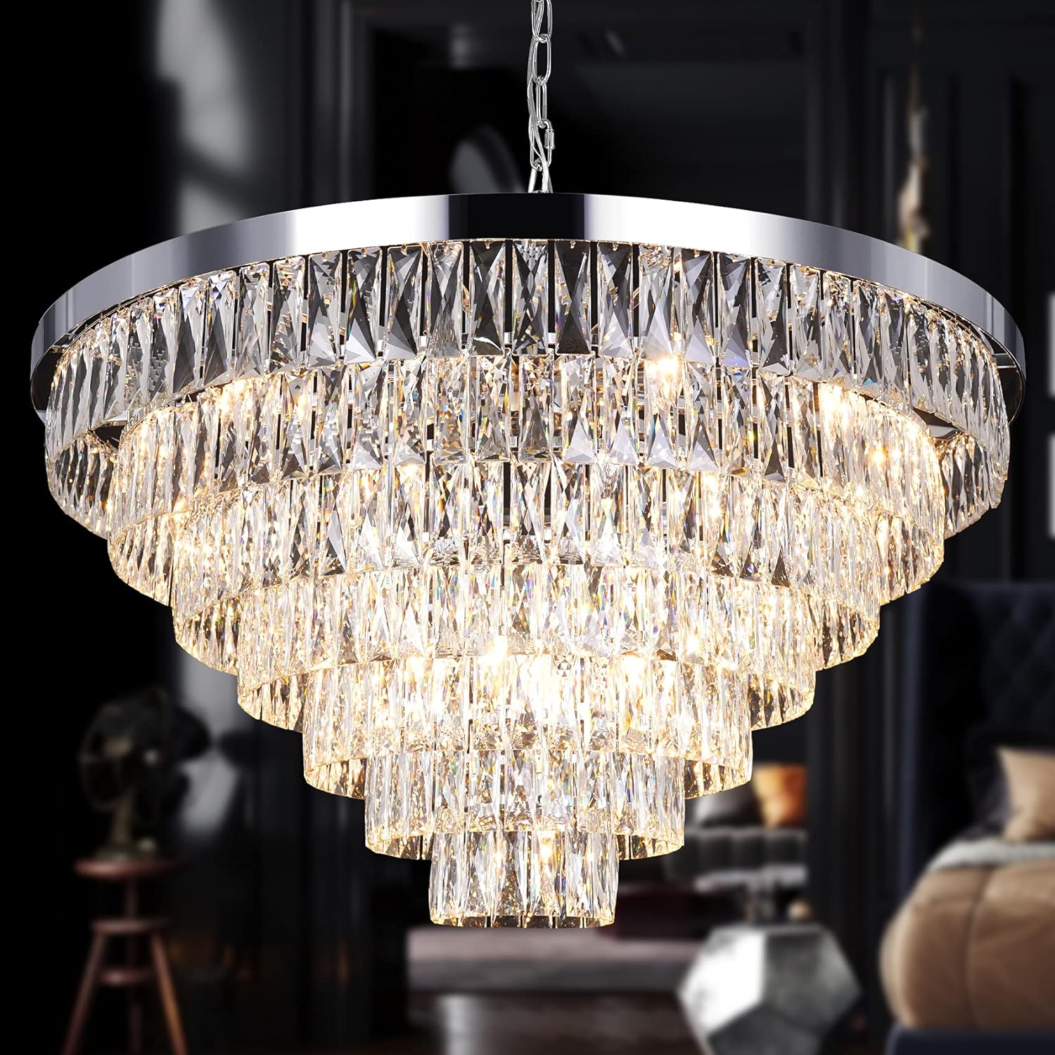 Modern Crystal Chandeliers Chrome Pendant Ceiling Light Fixture D39.37'' Chrome