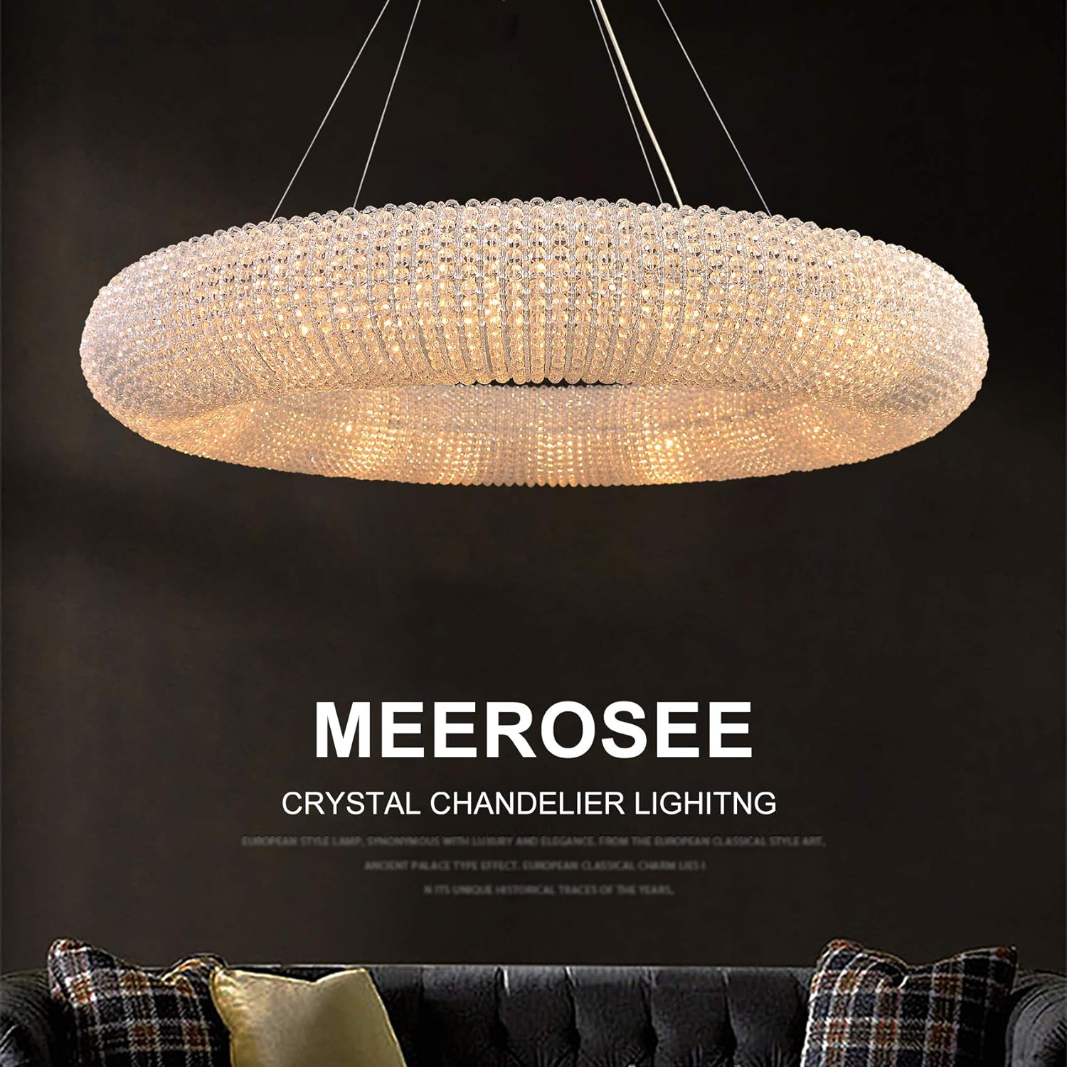 Modern Crystal Pendant Lamp Adjustable Stainless Steel Cable D31.49”