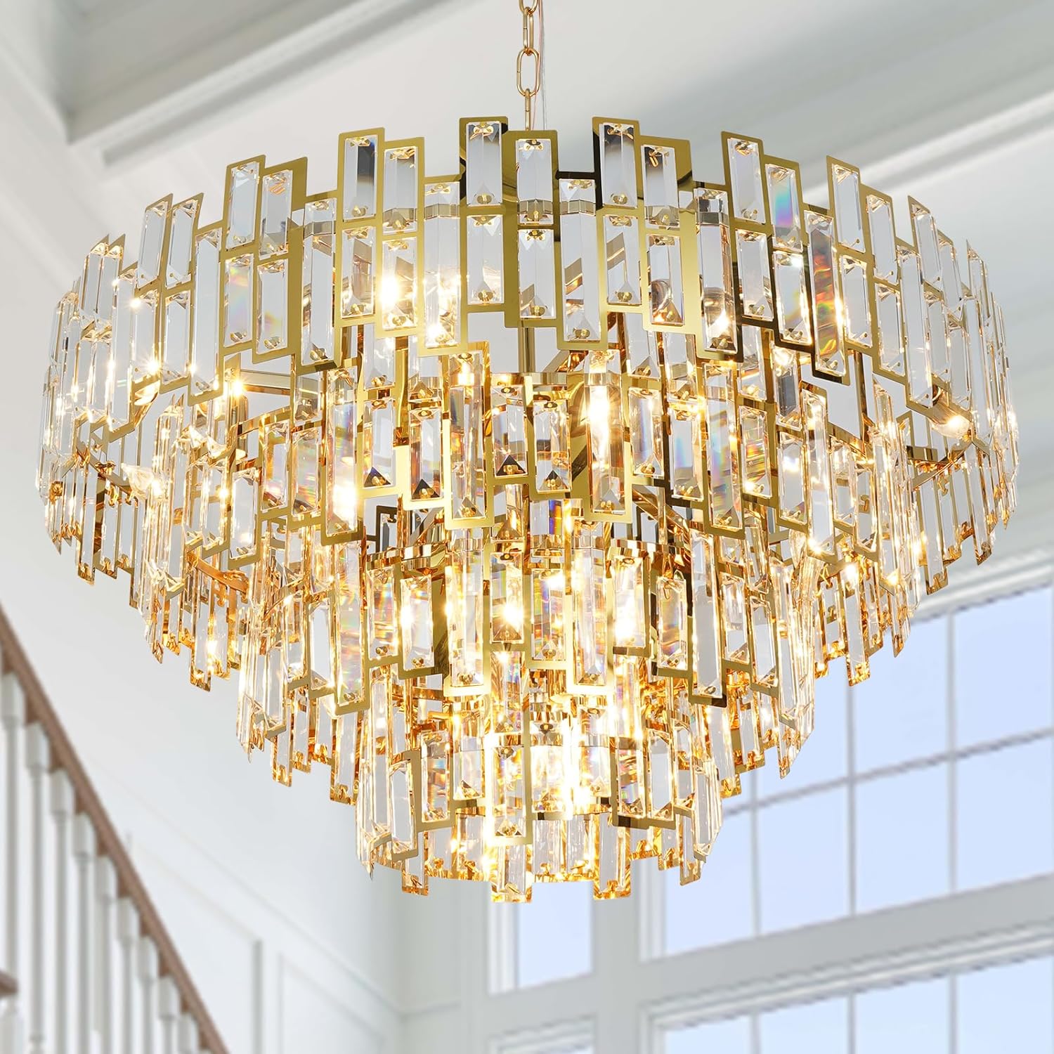 Crystal Chandelier Plated Gold Modern Round Pendant Ceiling Light 3/4 Tier