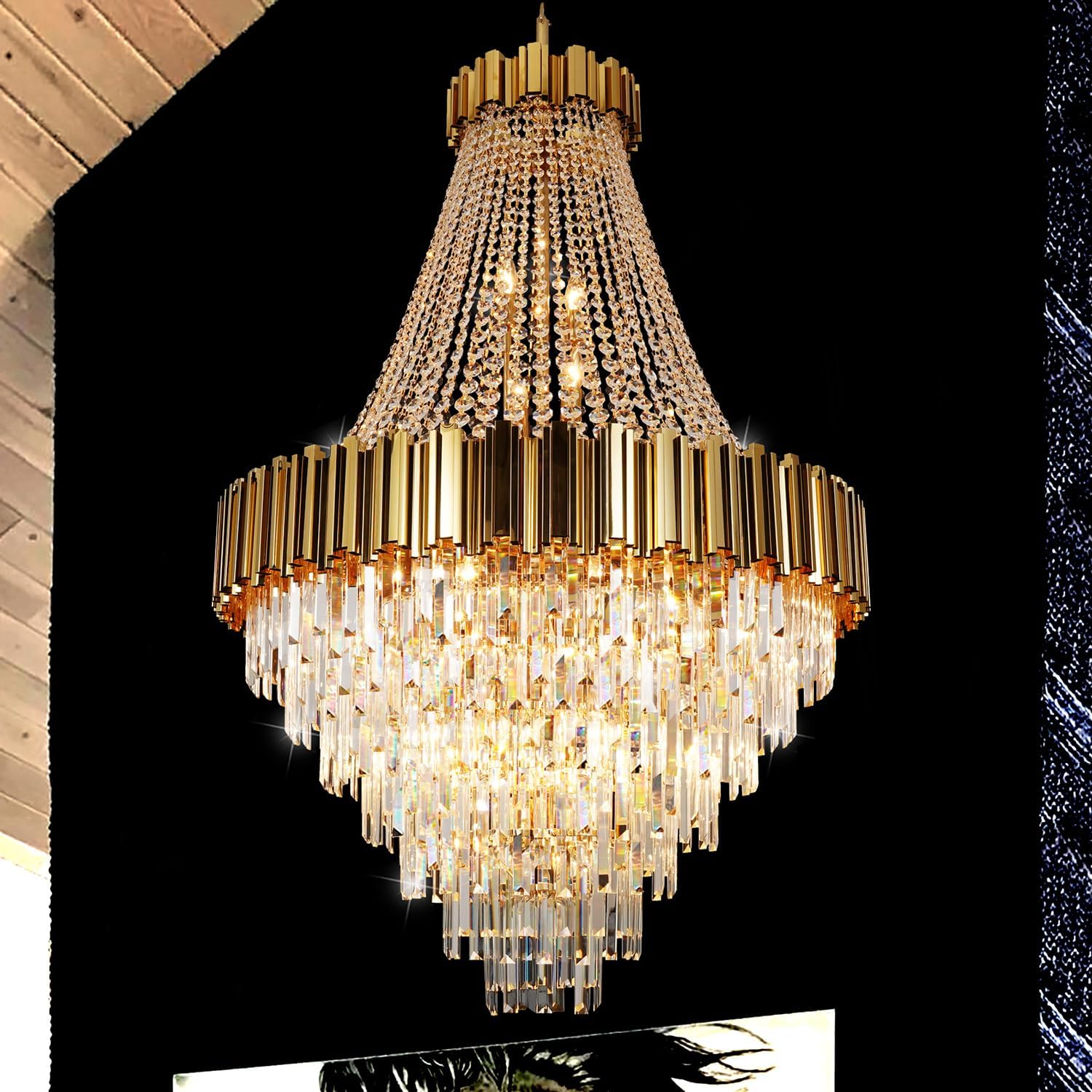 Gold Crystal Chandelier Lighting 17 Lights Long 30'' Foyer Hall Entry Way Pendant Light Fixture