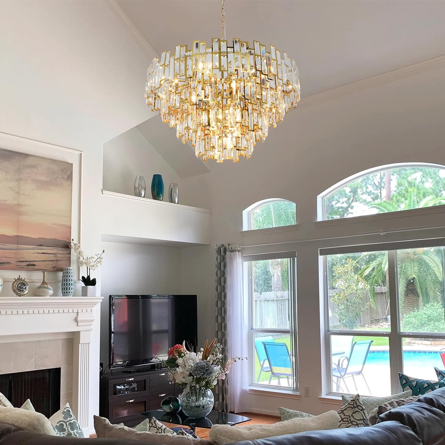 Crystal Chandelier Plated Gold Modern Round Pendant Ceiling Light 3/4 Tier