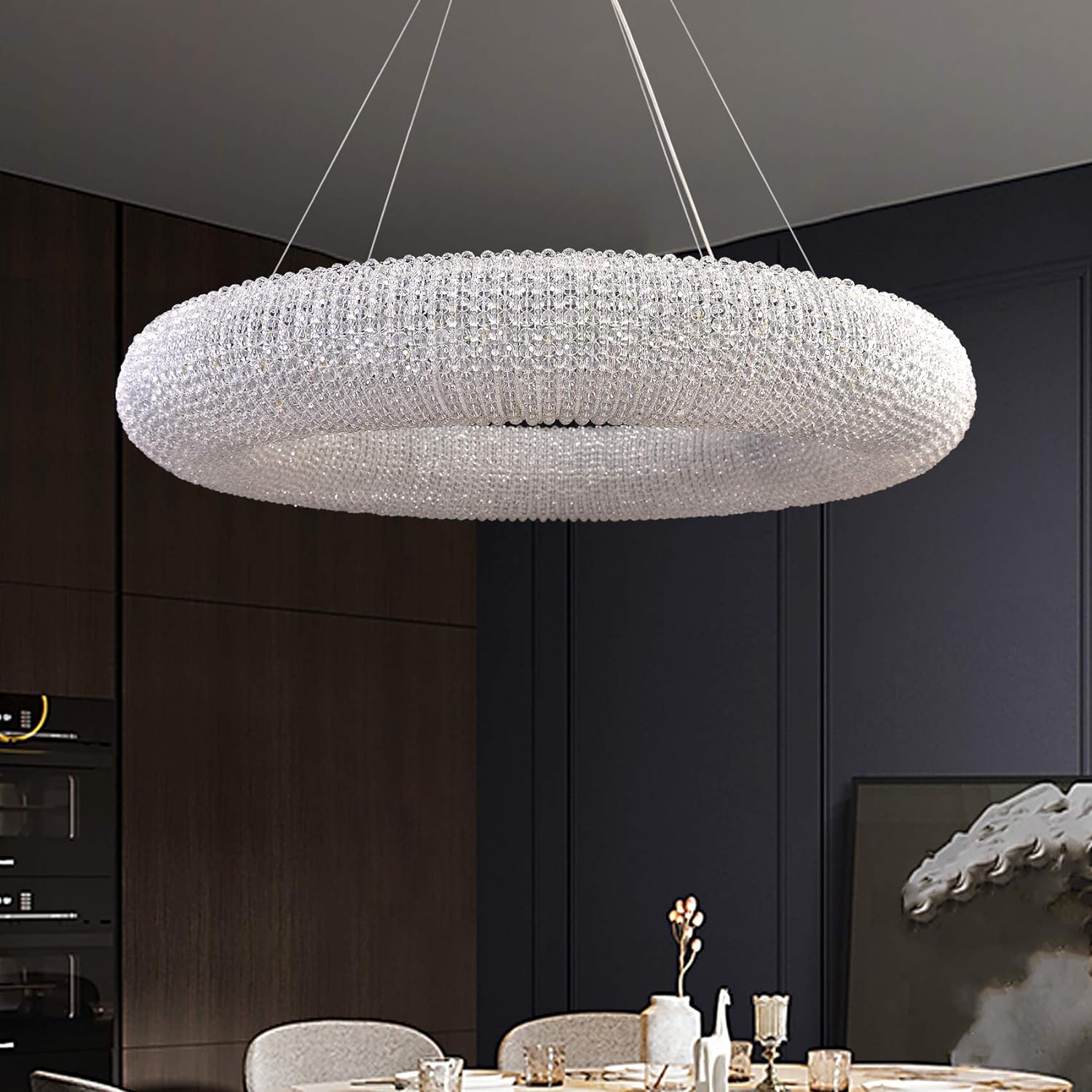 Modern Crystal Pendant Lamp Adjustable Stainless Steel Cable D31.49”