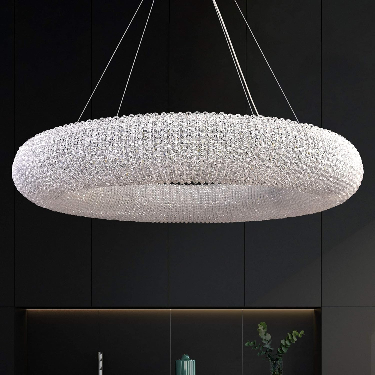 Modern Crystal Pendant Lamp Adjustable Stainless Steel Cable D31.49”