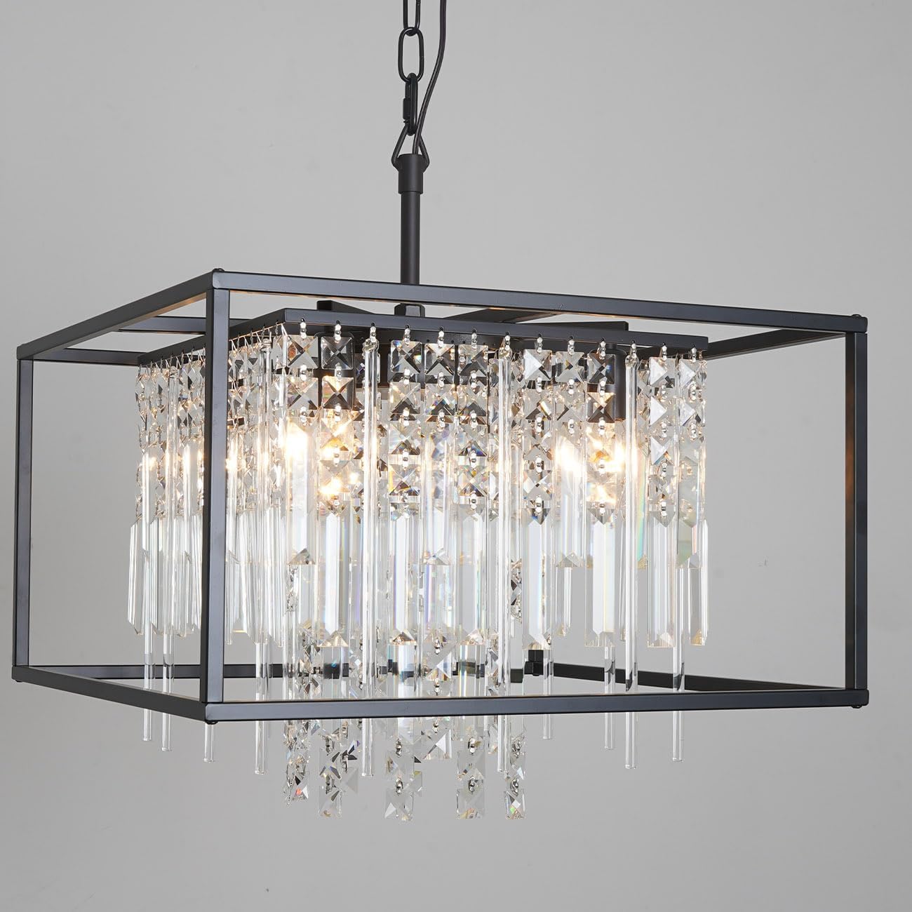 Modern Farmhouse Black Crystal Industrial Pendant Light Fixture Luxury Square Chandeliers