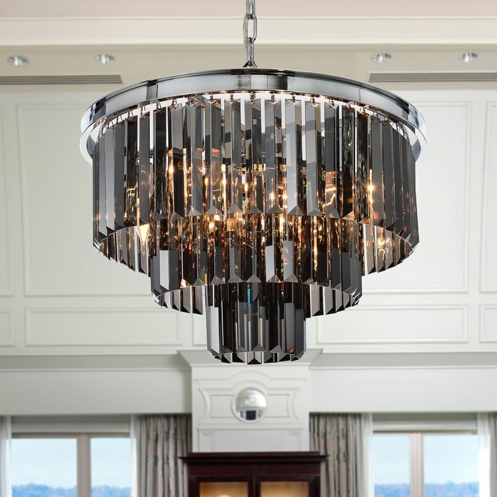 Chrome Grey Crystal Chandelier Modern Pendant Ceiling Light D20/D24/32 inch