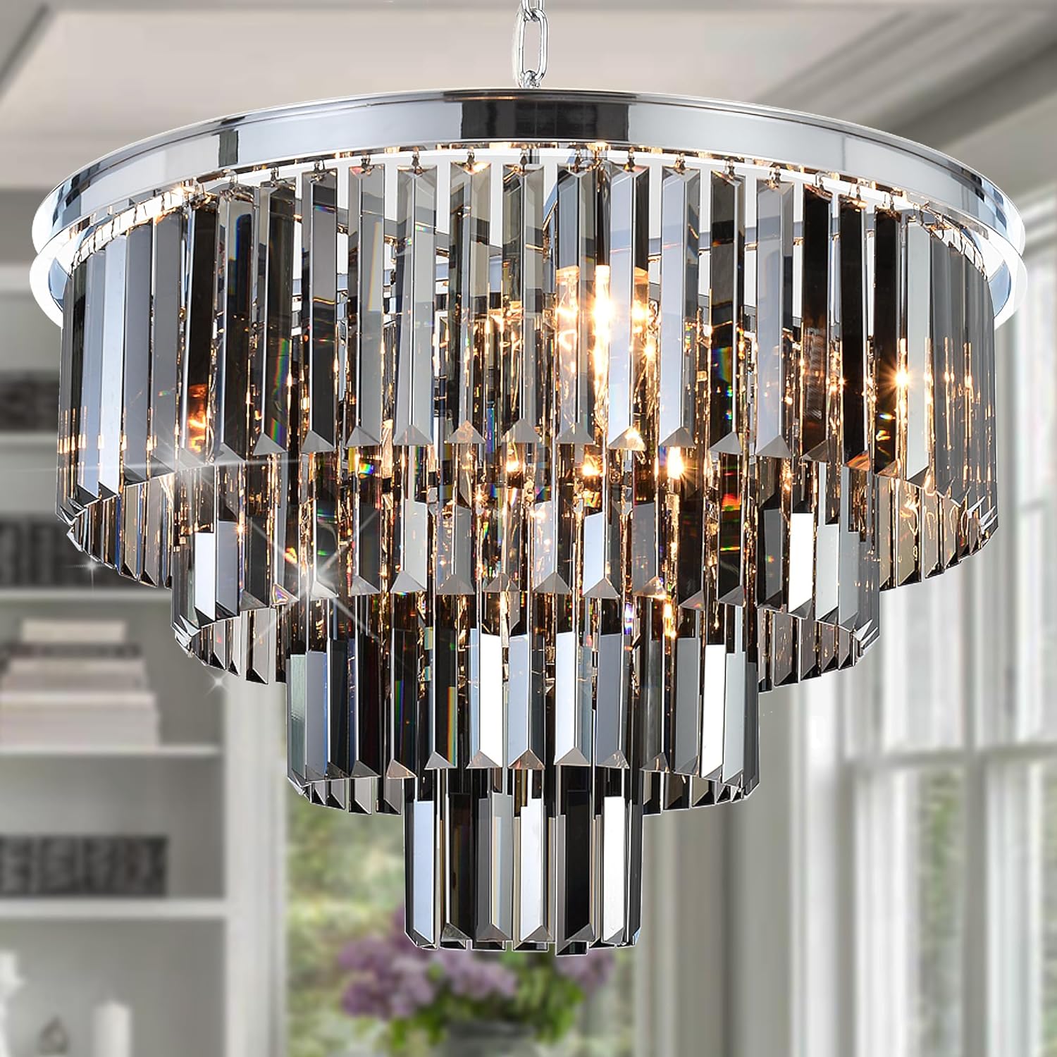 Chrome Grey Crystal Chandelier Modern Pendant Ceiling Light D20/D24/32 inch