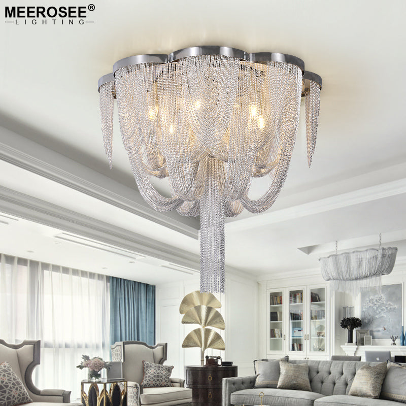 Meerosee Modern Pendant Lamps Silver Aluminum Chain Chandelier Home Light