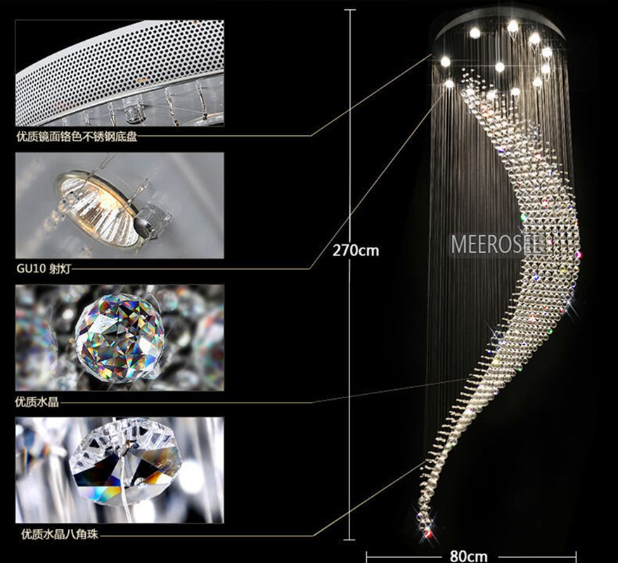 Modern Spiral Crystal Chandelier Light K9 Chrome Ceiling Light fixture GU10 D31.5 Inch