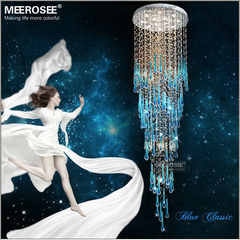 Meerosee Royal Blue Crystal Chandelier Light Fixture Long Large Modern Ceiling Lamp