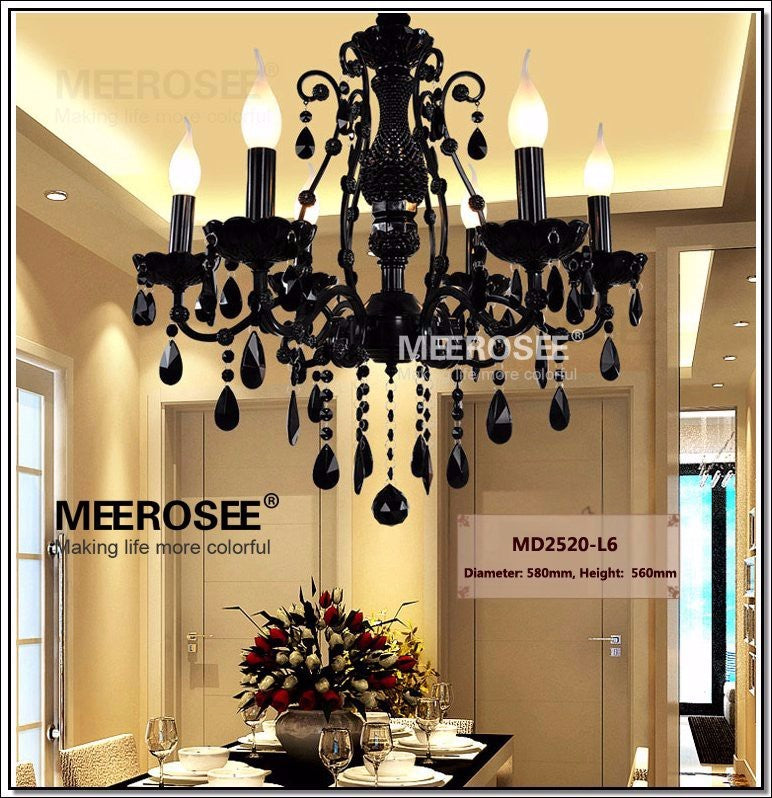 Meerosee Modern Crystal Chandelier Light Fixture Black Wrought Iron Pendant Lamp