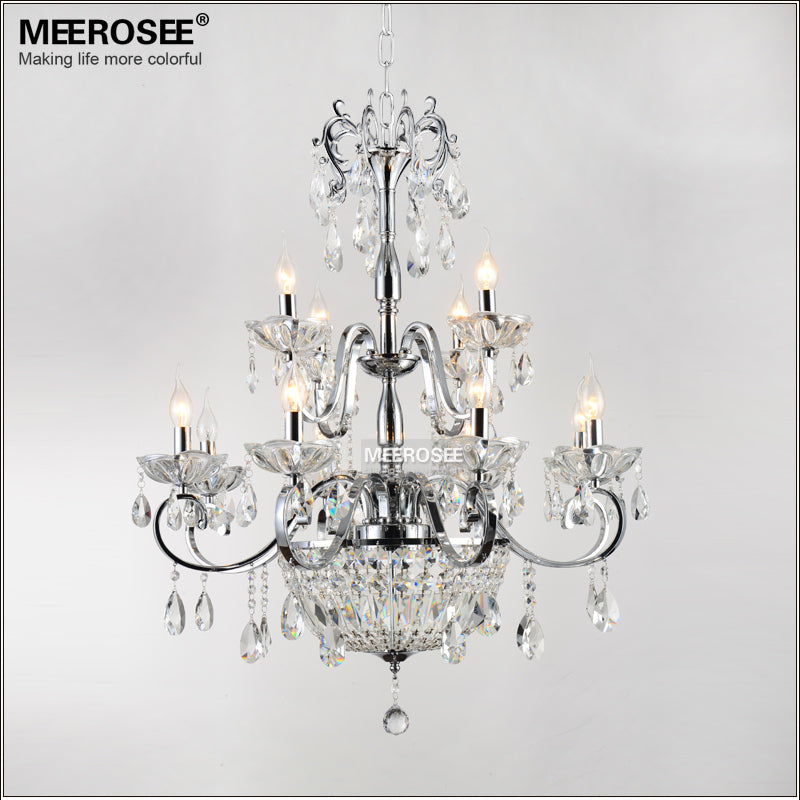 Modern Wrought Iron Crystal Chandelier Light Fixture 2 tiers E12 Chrome Pendant Lamp