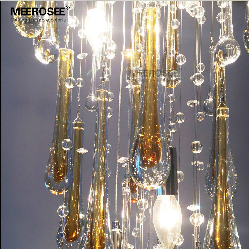 Meerosee Royal Blue Crystal Chandelier Light Fixture Long Large Modern Ceiling Lamp