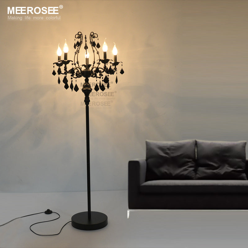 Meerosee Modern 5 Lights Crystal Floor Lamp Black Floor Stand Light Fixture W23.6 inch