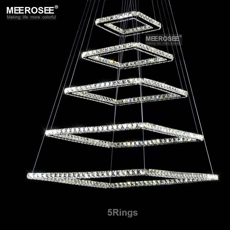 Meerosee Modern Square Crystal Pendant Lamp Fixture Rectangle LED Chandelier Light