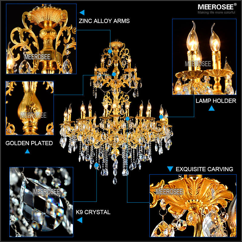 Meerosee Crystal Gold Chandelier Light Luxurious Bronze Pendant Lamp 3 Tiers 29 Arms