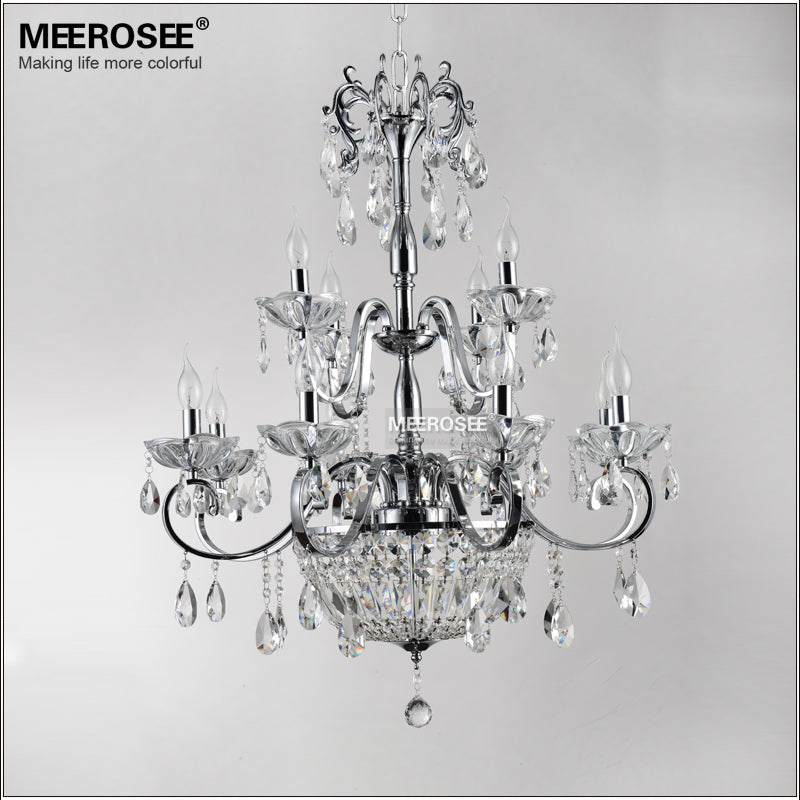 Modern Wrought Iron Crystal Chandelier Light Fixture 2 tiers E12 Chrome Pendant Lamp