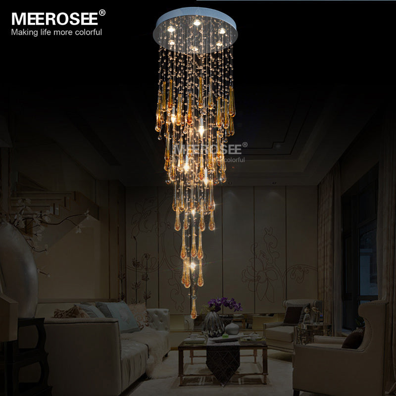 Meerosee Royal Blue Crystal Chandelier Light Fixture Long Large Modern Ceiling Lamp