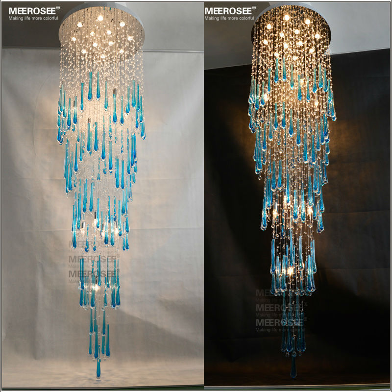 Meerosee Royal Blue Crystal Chandelier Light Fixture Long Large Modern Ceiling Lamp