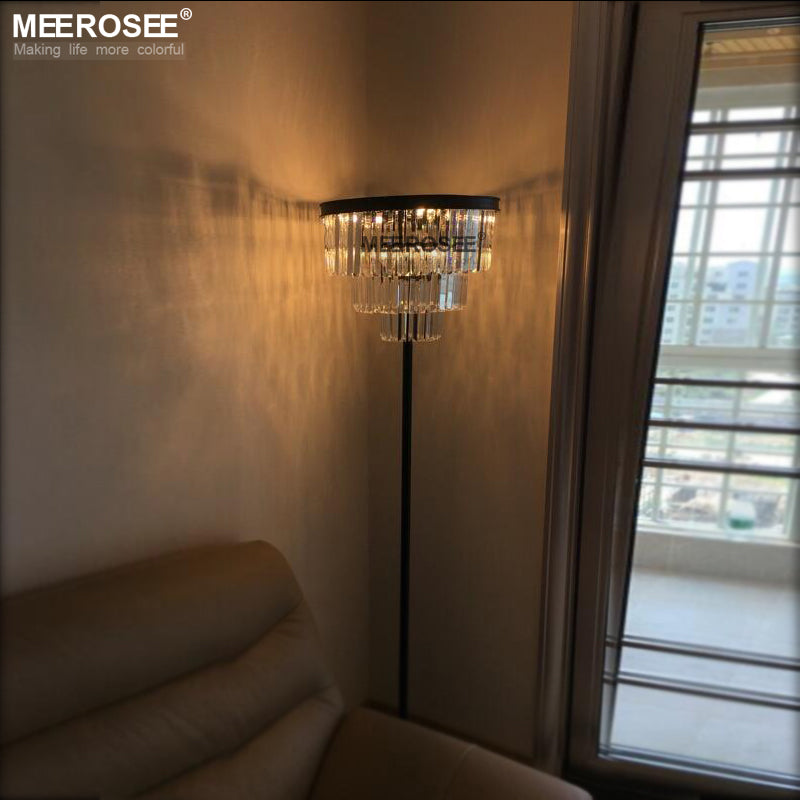 Meerosee Modern Crystal Floor Lamp Black Standing Floor Stand Light Fixture D15.7 Inch