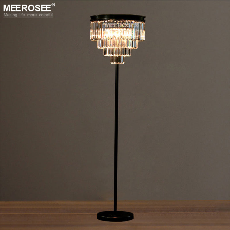 Meerosee Modern Crystal Floor Lamp Black Standing Floor Stand Light Fixture D15.7 Inch