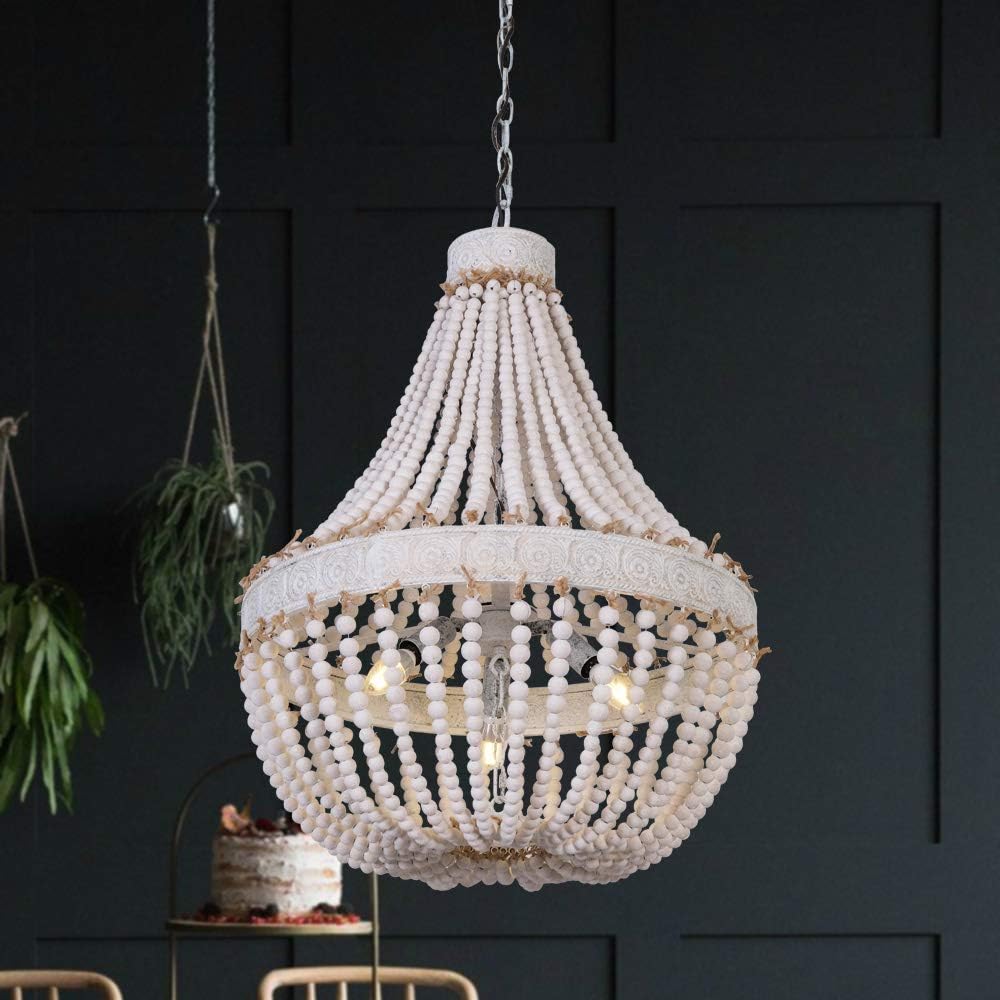 Wood Bead Chandelier Modern Rustic Farmhouse Beaded Pendant 6-Lights