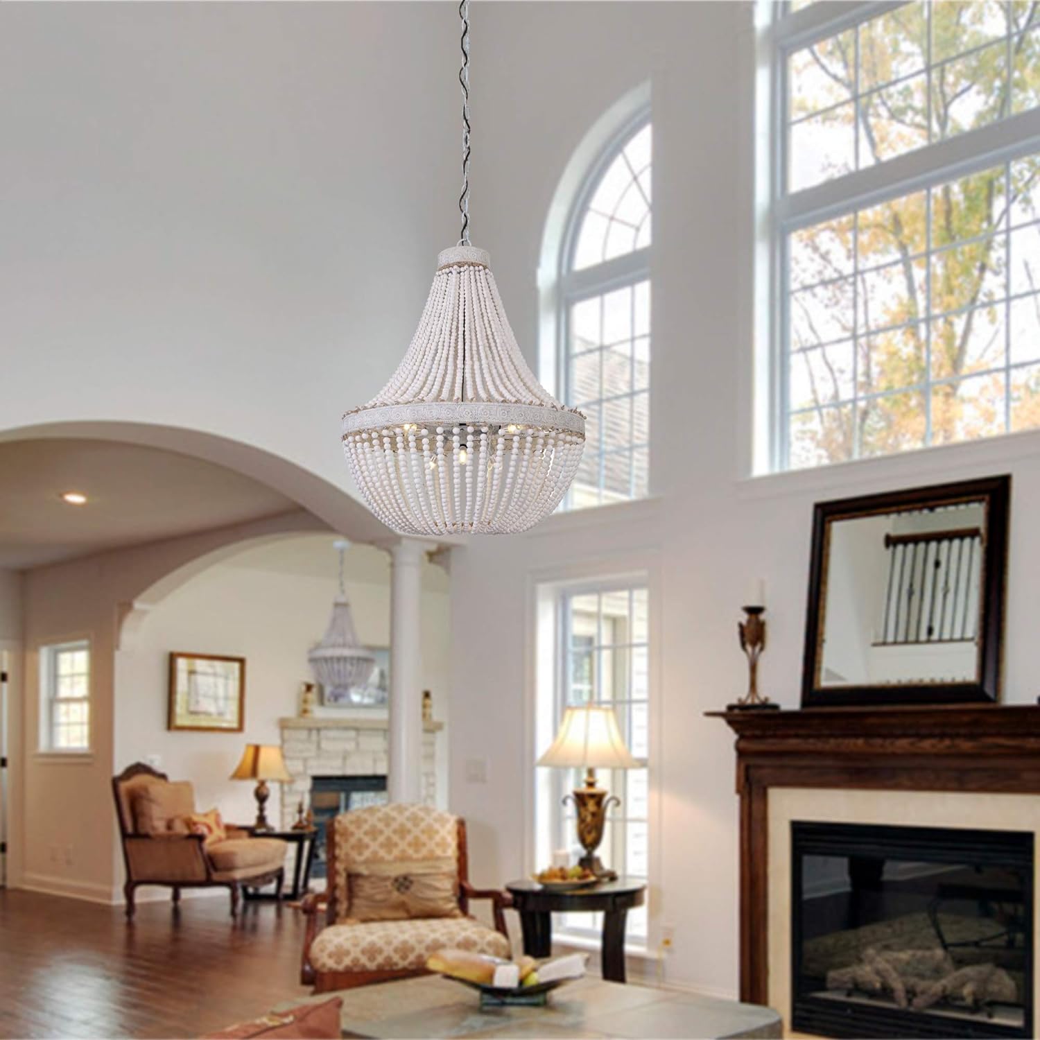 Wood Bead Chandelier Modern Rustic Farmhouse Beaded Pendant 6-Lights