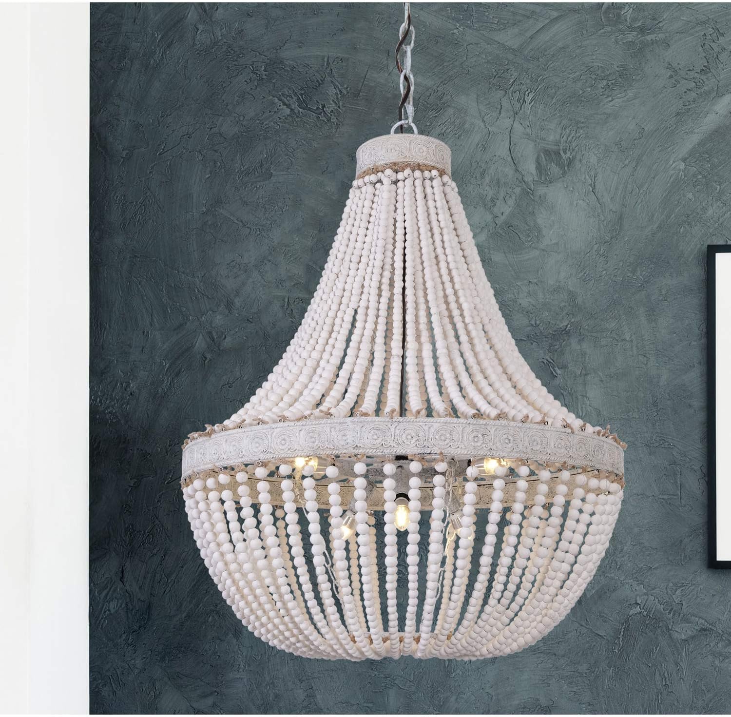 Wood Bead Chandelier Modern Rustic Farmhouse Beaded Pendant 6-Lights