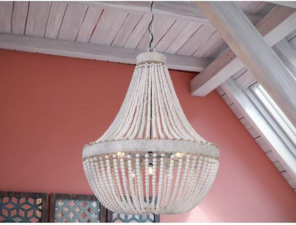 Wood Bead Chandelier Modern Rustic Farmhouse Beaded Pendant 6-Lights