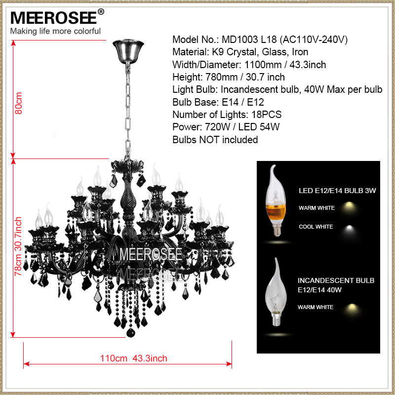 Meerosee Luxury Large Black Glass Chandelier Lighting Premium Quality Modern Pendant Lamp