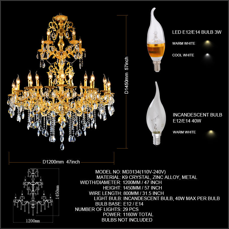 Meerosee Crystal Gold Chandelier Light Luxurious Bronze Pendant Lamp 3 Tiers 29 Arms