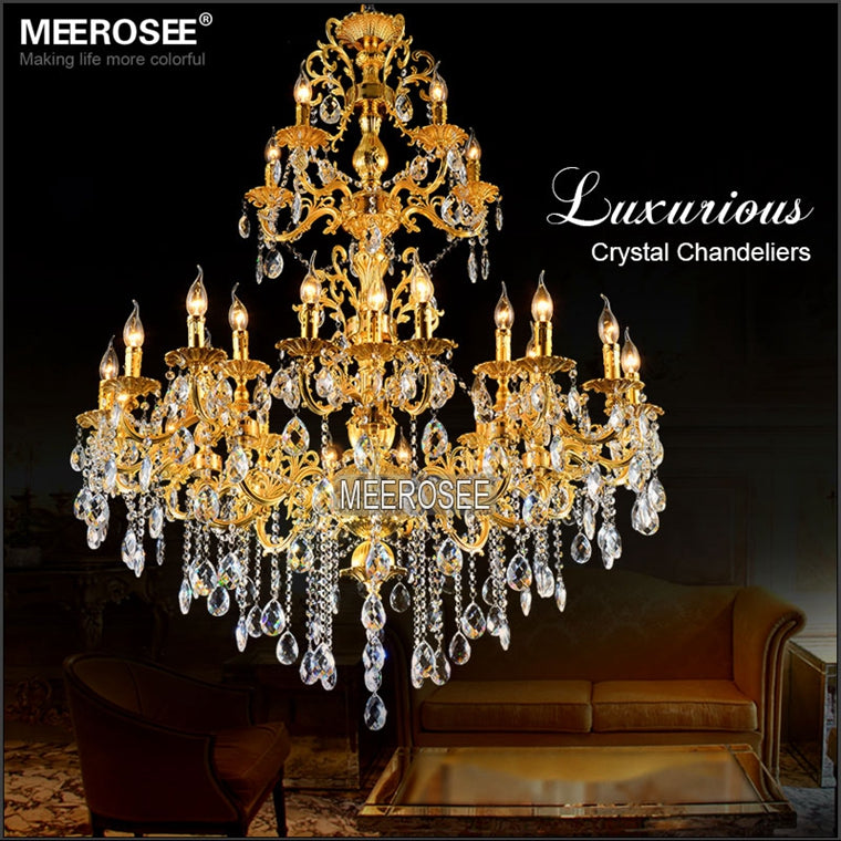 Meerosee Crystal Gold Chandelier Light Luxurious Bronze Pendant Lamp 3 Tiers 29 Arms