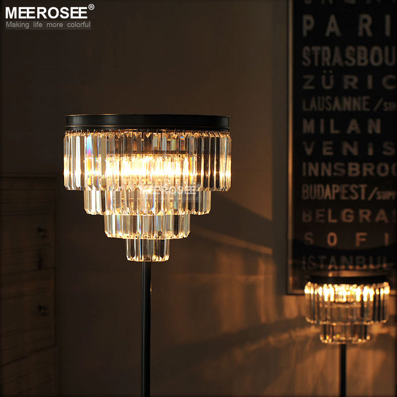 Meerosee Modern Crystal Floor Lamp Black Standing Floor Stand Light Fixture D15.7 Inch