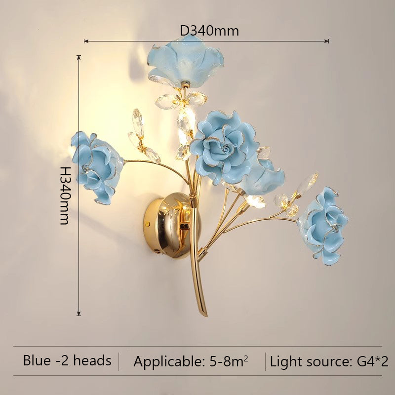 Modern Luxury Crystal Wall Lamp Creativity Blue Ceramics Flower Bedroom Bedside Light MD98053-L2