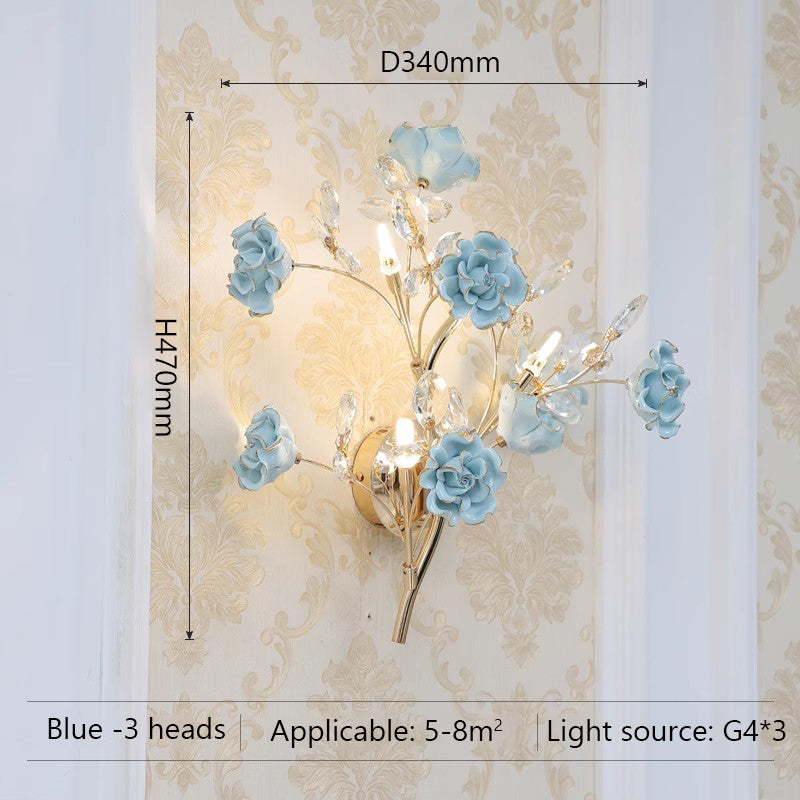 Modern Luxury Crystal Wall Lamp Creativity Blue Ceramics Flower Bedroom Bedside Light MD98043-L3