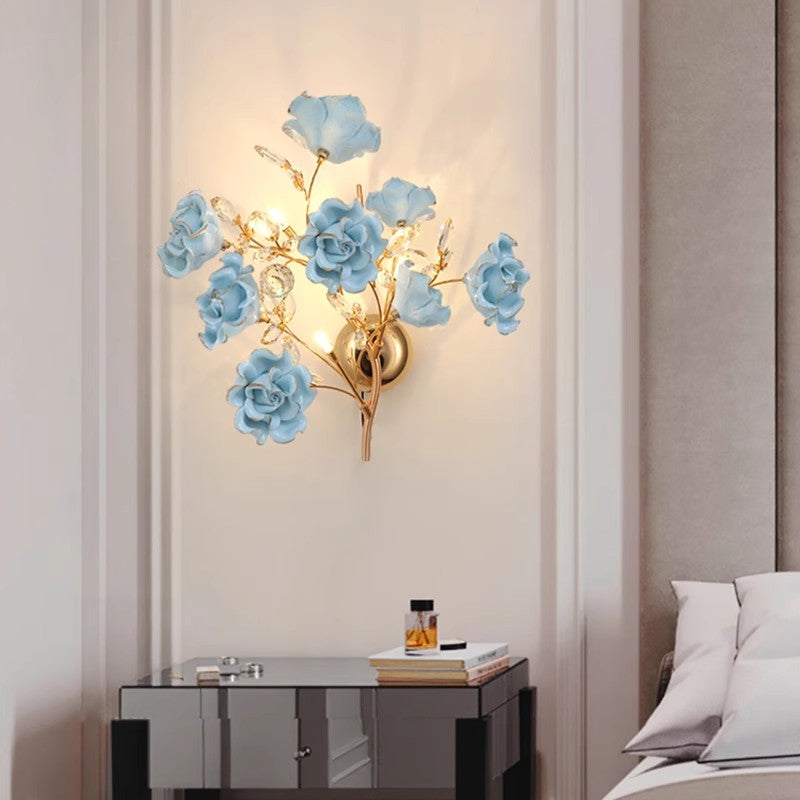 Modern Luxury Crystal Wall Lamp Creativity Blue Ceramics Flower Bedroom Bedside Light MD98043-L3