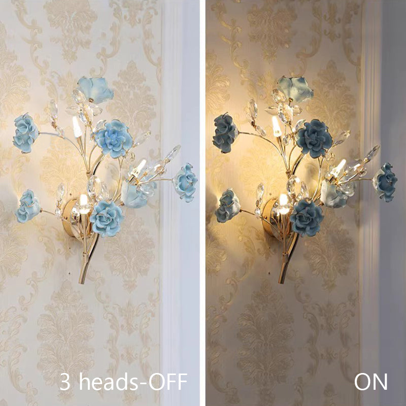 Modern Luxury Crystal Wall Lamp Creativity Blue Ceramics Flower Bedroom Bedside Light MD98043-L3