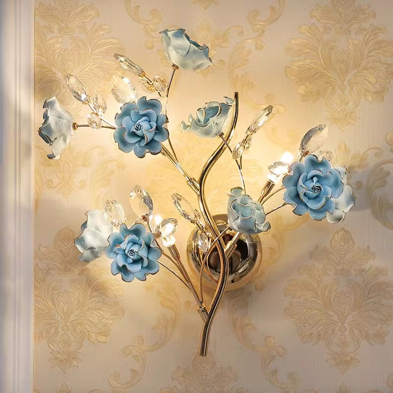 Modern Luxury Crystal Wall Lamp Creativity Blue Ceramics Flower Bedroom Bedside Light MD98043-L3