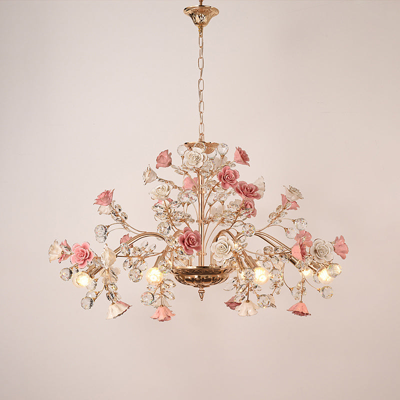 MEEROSEE French Ceramic Flower Chandelier European Crystal Light MD98053-L10