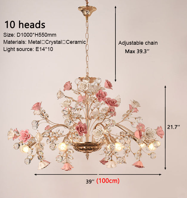 MEEROSEE French Ceramic Flower Chandelier European Crystal Light MD98053-L10