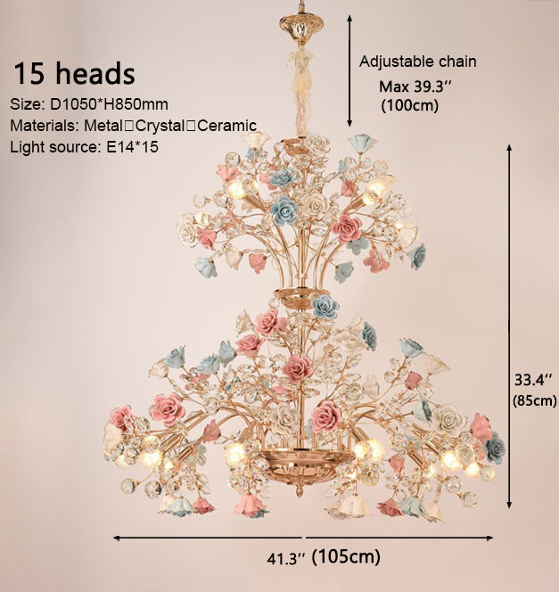 MEEROSEE French Ceramic Flower Chandelier European Crystal Light MD98053-L12/L15