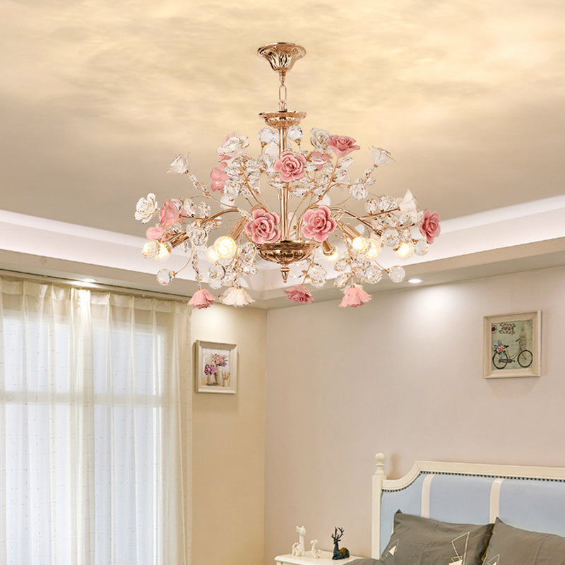 MEEROSEE French Ceramic Flower Chandelier Modern European Crystal Luxurious Crystal Light MD98053-L8