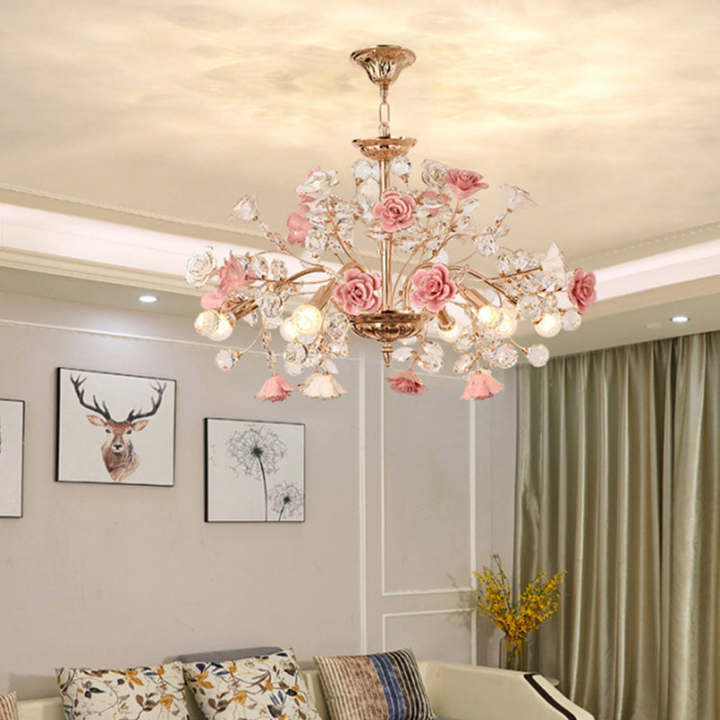 MEEROSEE French Ceramic Flower Chandelier Modern European Crystal Luxurious Crystal Light MD98053-L8