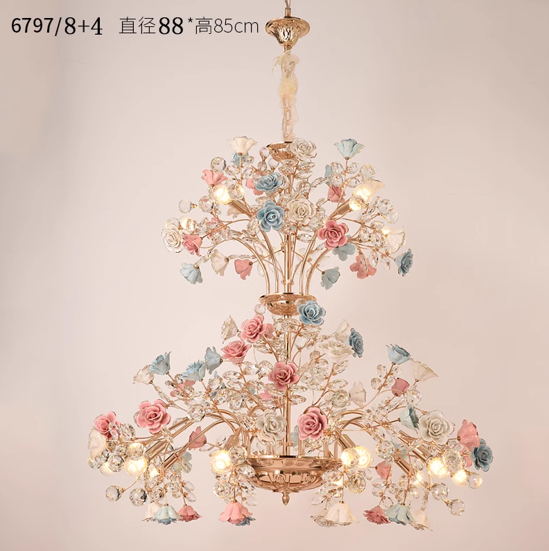 MEEROSEE French Ceramic Flower Chandelier Modern European Crystal Chandelier Luxurious Flower Crystal Light MD98053