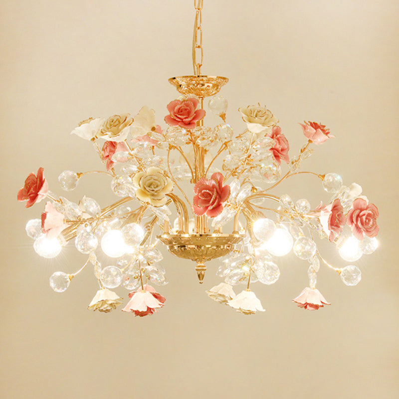 MEEROSEE French Ceramic Flower Chandelier Modern European Crystal Luxurious Crystal Light MD98053-L8