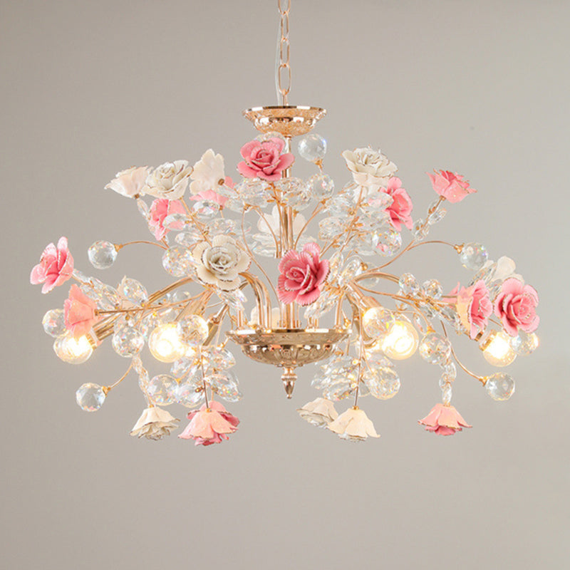 MEEROSEE French Ceramic Flower Chandelier Modern European Crystal Luxurious Crystal Light MD98053-L8