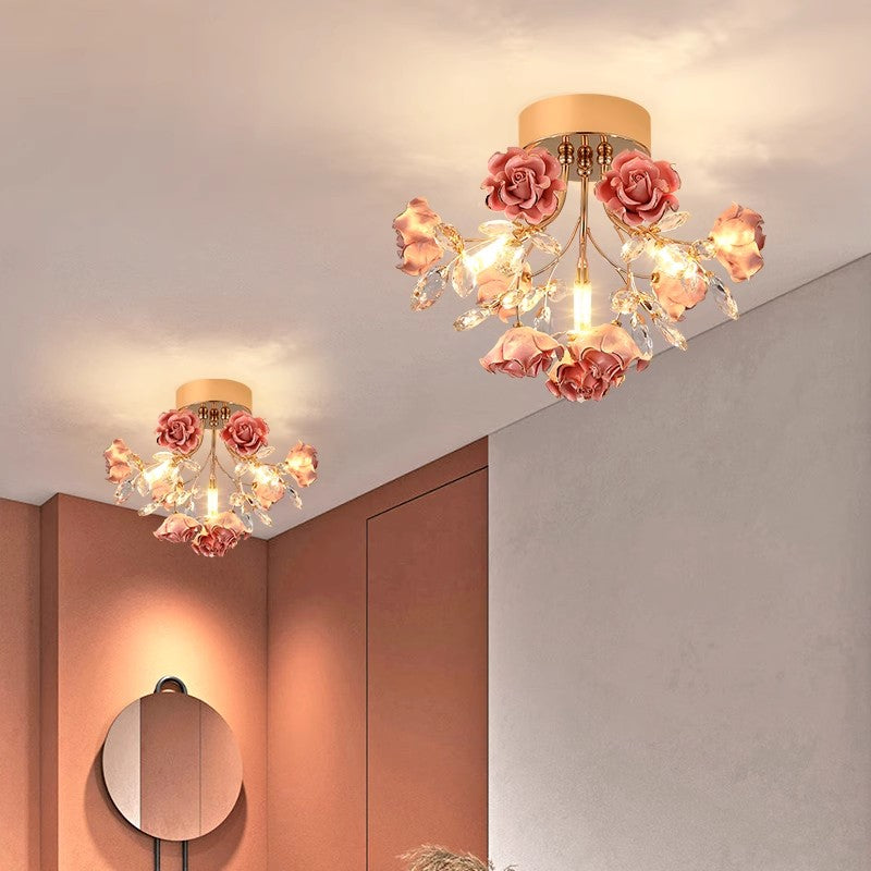 MEEROSEE Luxury Colored Chandelier Lights Decorative French Flower Ceramic Rose Chandelier for Aisle Corridor MD98053-ceiling wall