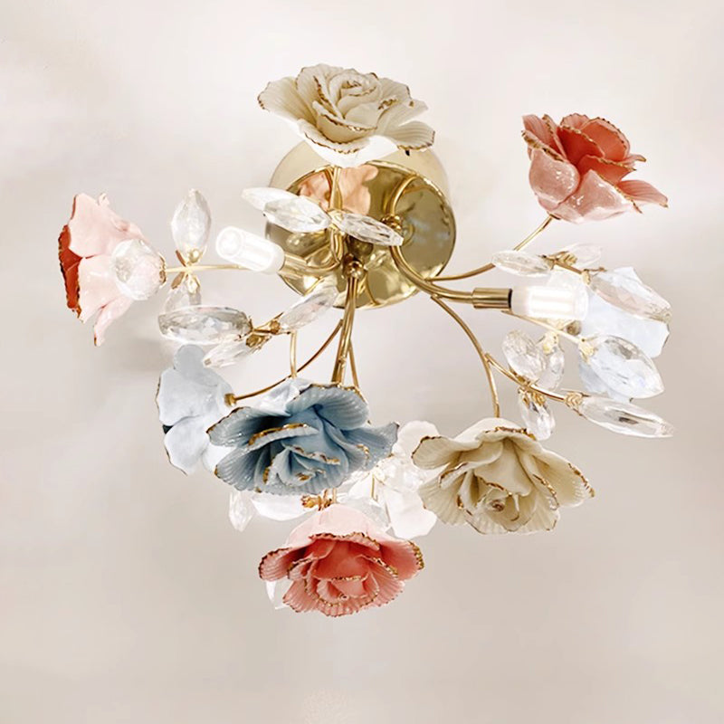 MEEROSEE Luxury Colored Chandelier Lights Decorative French Flower Ceramic Rose Chandelier for Aisle Corridor MD98053-ceiling wall